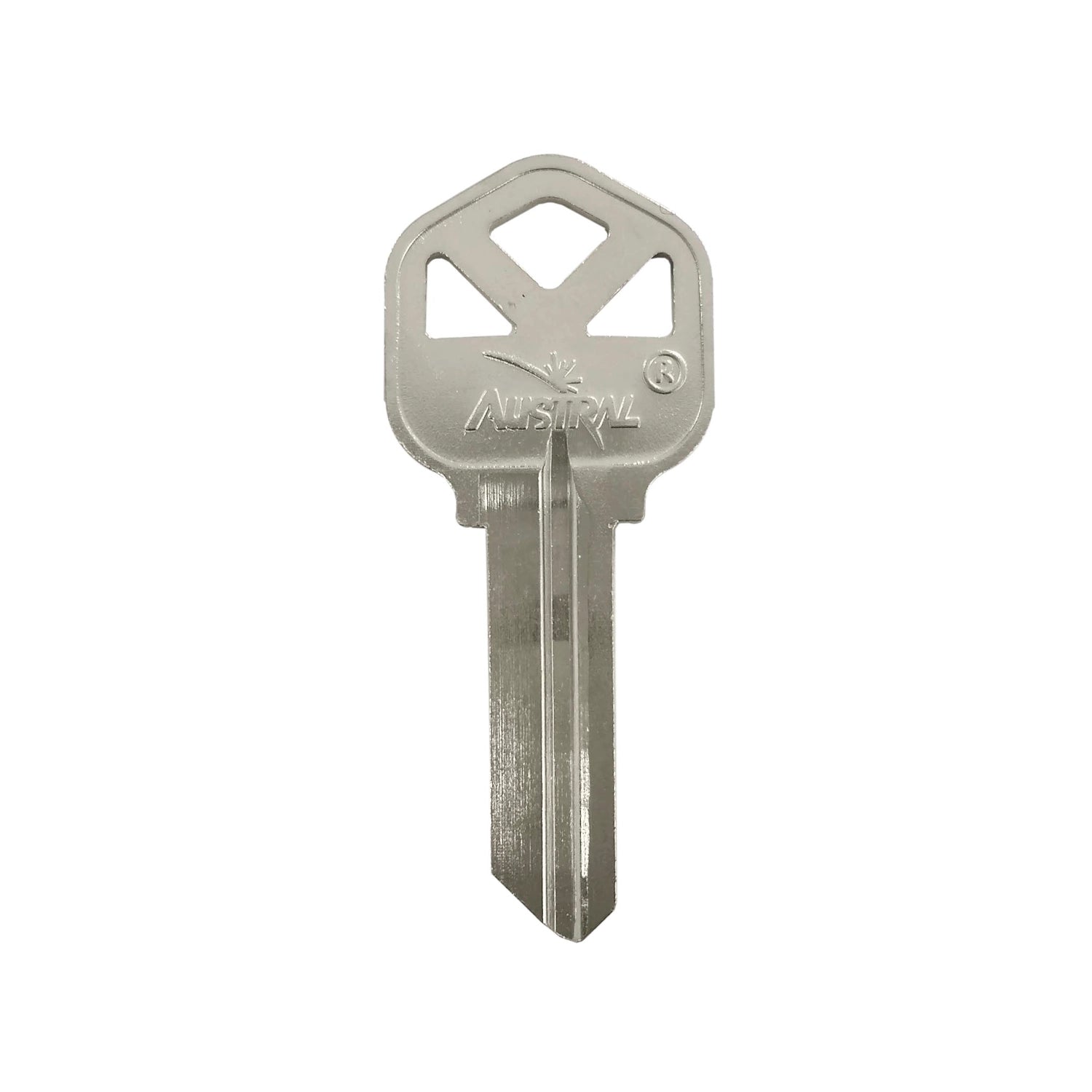 Forja llave niquelada AUSTRAL con diseño de cabeza moderna, para cerrajería y duplicado seguro.