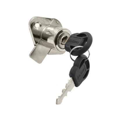 Cerradura para cajón cromada marca Austral, con cilindro y dos llaves negras de seguridad.