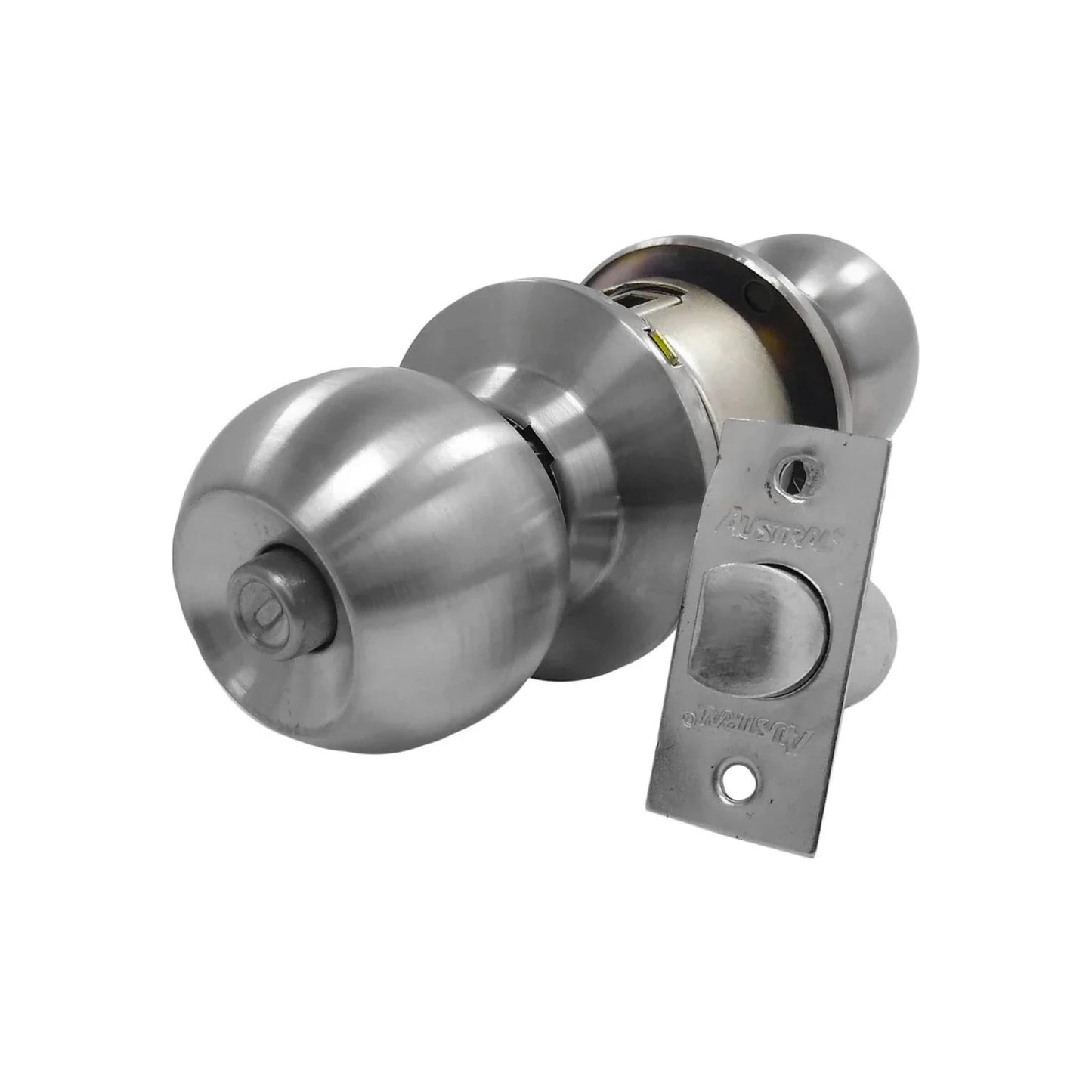 Cerradura esfera Austral satinada para puerta de baño. Manija y pestillo de acero cepillado.
