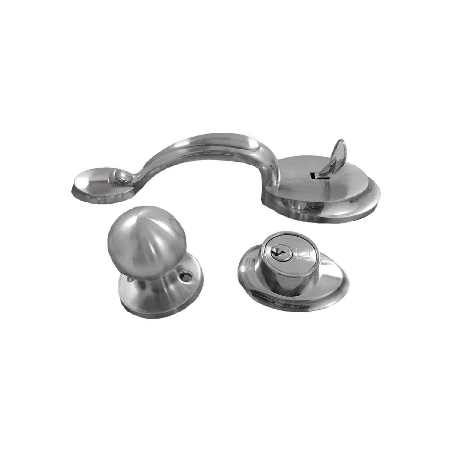 Cerradura de entrada principal: manija, pomo y cilindro de seguridad, acabado cromo satinado.