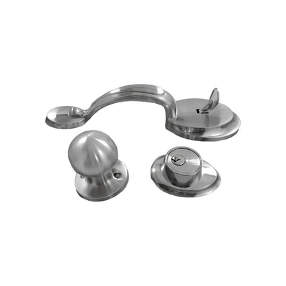 Cerradura de entrada principal: manija, pomo y cilindro de seguridad, acabado cromo satinado.