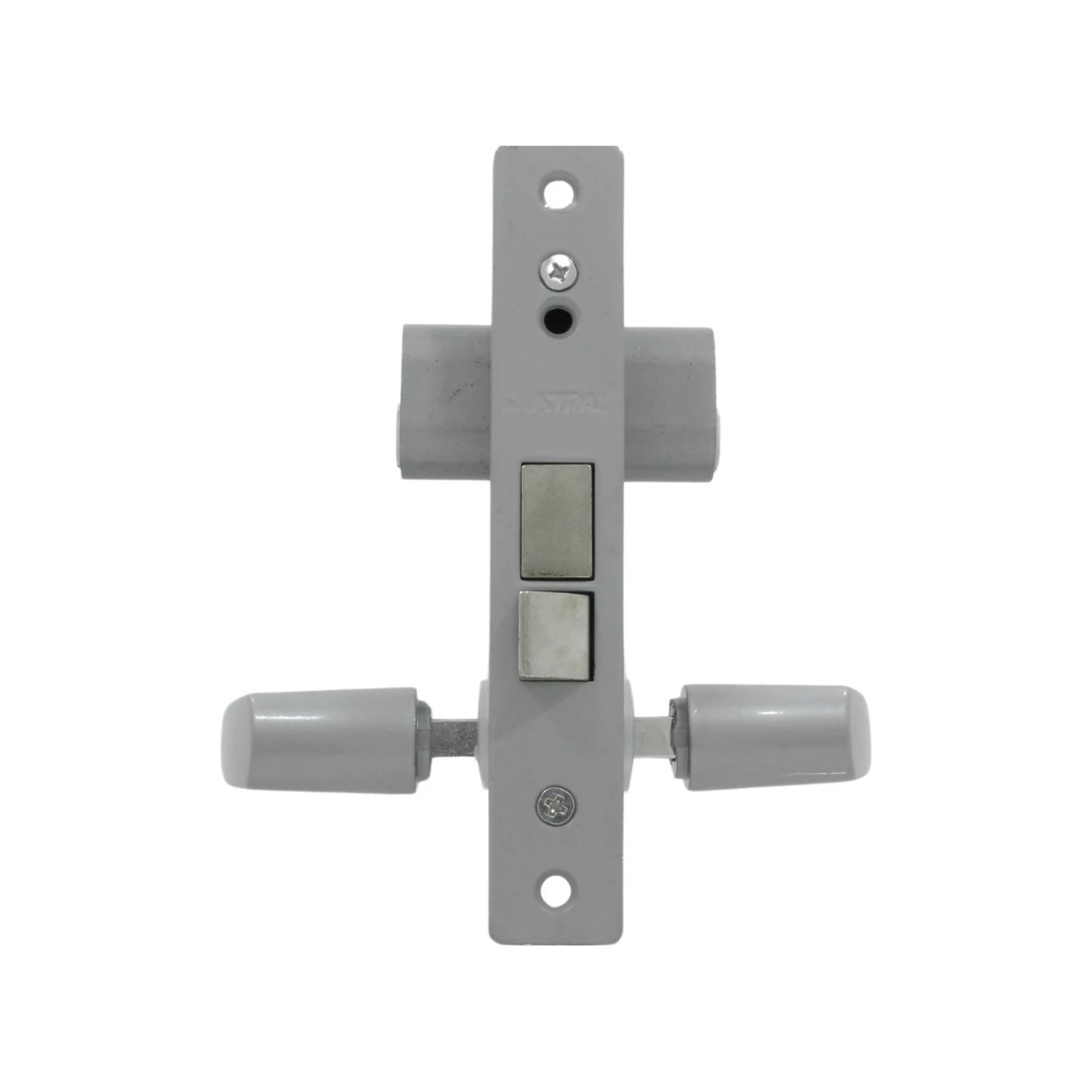 Cerradura Austral para puerta de aluminio, acabado satinado, con mecanismo de botones y perillas giratorias.