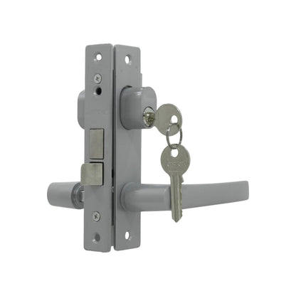 Cerradura de embutir Austral para puerta de aluminio, con manija y cilindro con llaves, acabado cromo satinado