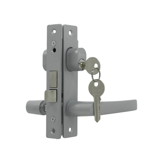 Cerradura de embutir Austral para puerta de aluminio, con manija y cilindro con llaves, acabado cromo satinado