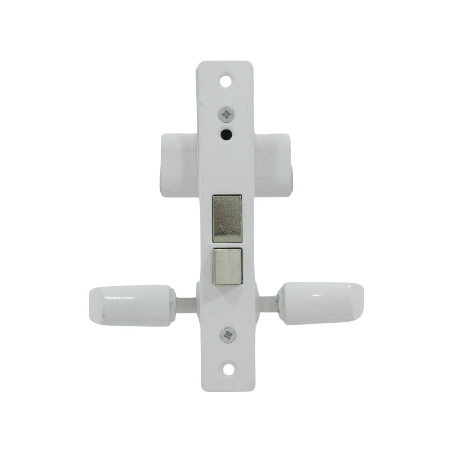 Cerradura blanca para puerta de aluminio, mecanismo con pestillos metálicos y manijas, fácil instalación.