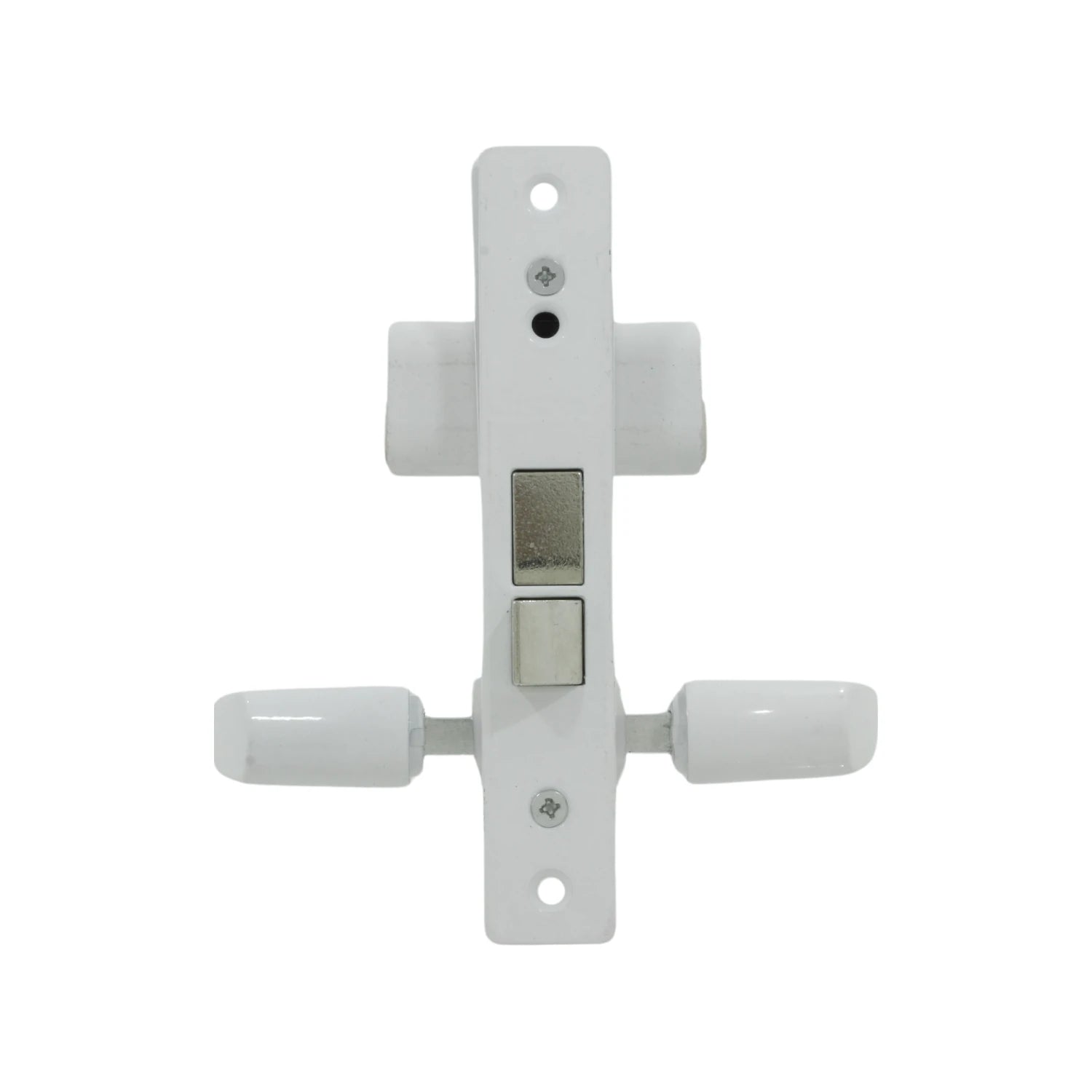 Cerradura blanca para puerta de aluminio, mecanismo con pestillos metálicos y manijas, fácil instalación.