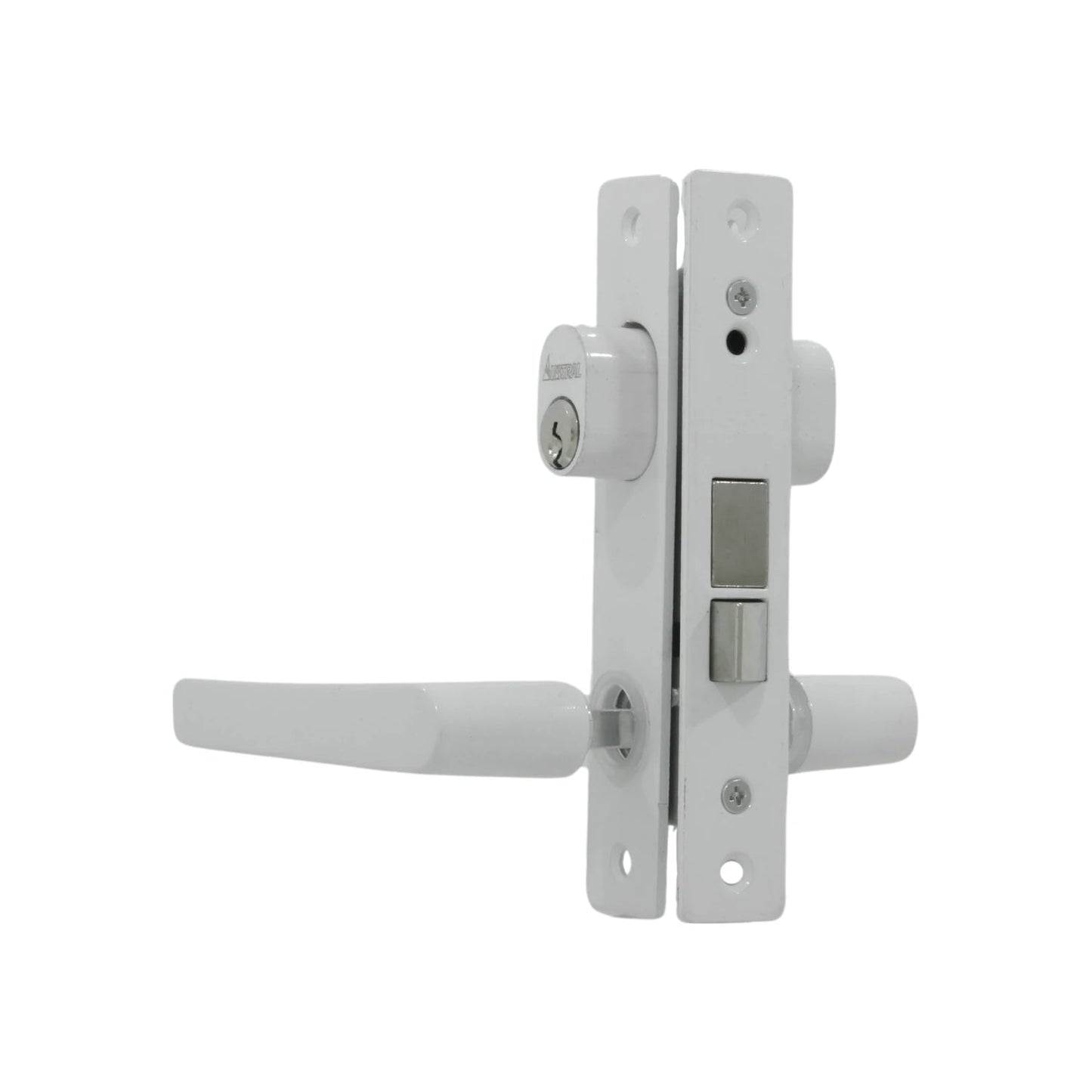 Cerradura Austral blanca para puerta de aluminio con manija y cilindro de llave frontal