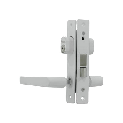 Cerradura Austral blanca para puerta de aluminio con manija y cilindro de llave frontal