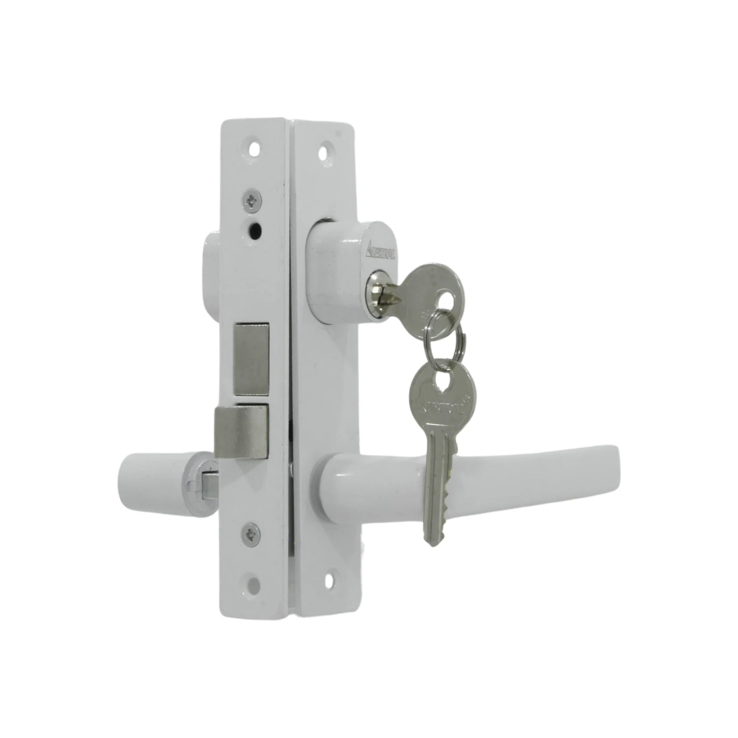 Cerradura chapa blanca Austral para puerta de aluminio con manija, cilindro de seguridad y llaves insertadas