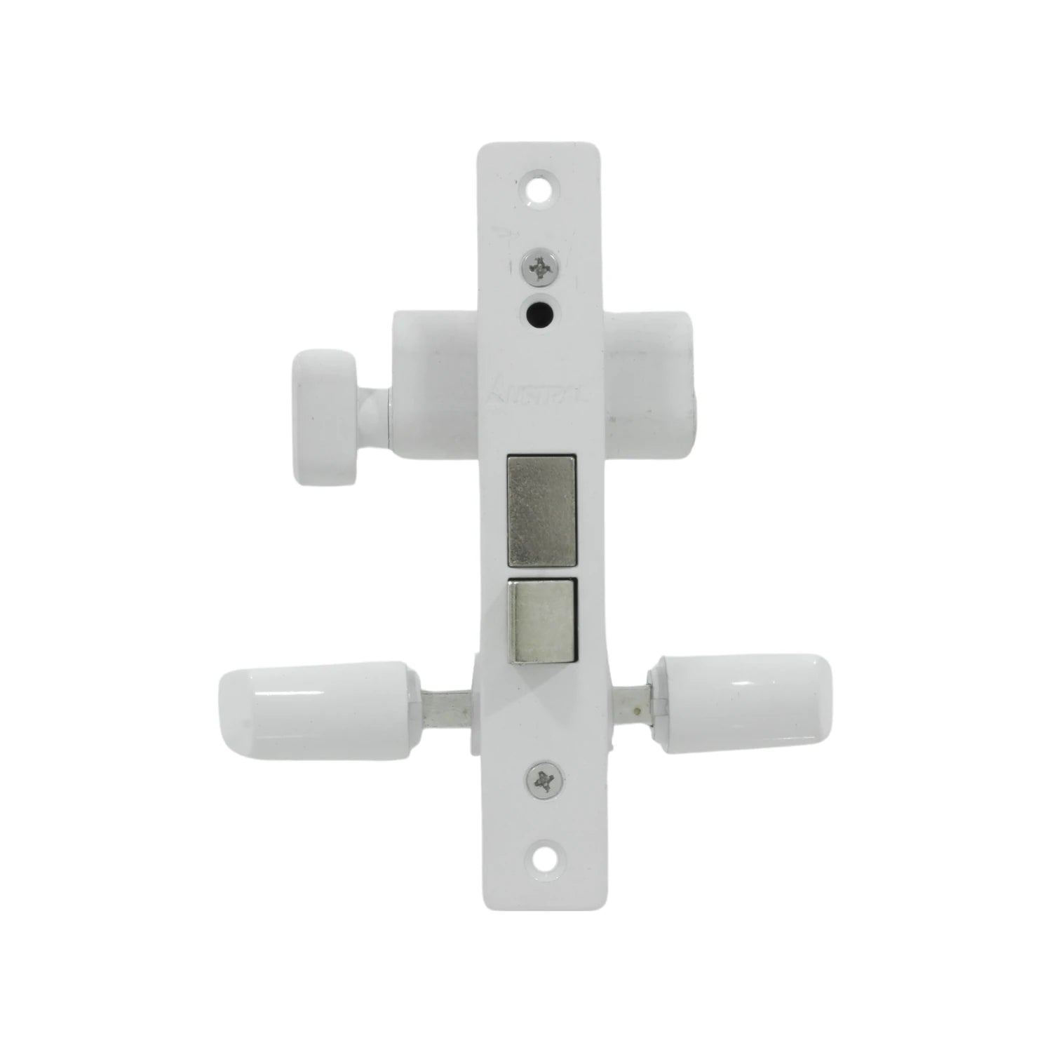 Cerradura blanca Austral para puerta de aluminio, doble pestillo y manillas