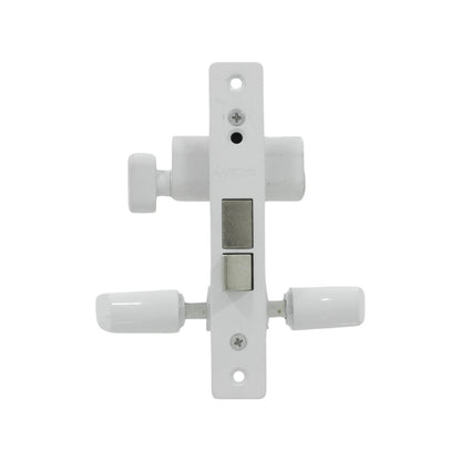 Cerradura blanca Austral para puerta de aluminio, doble pestillo y manillas
