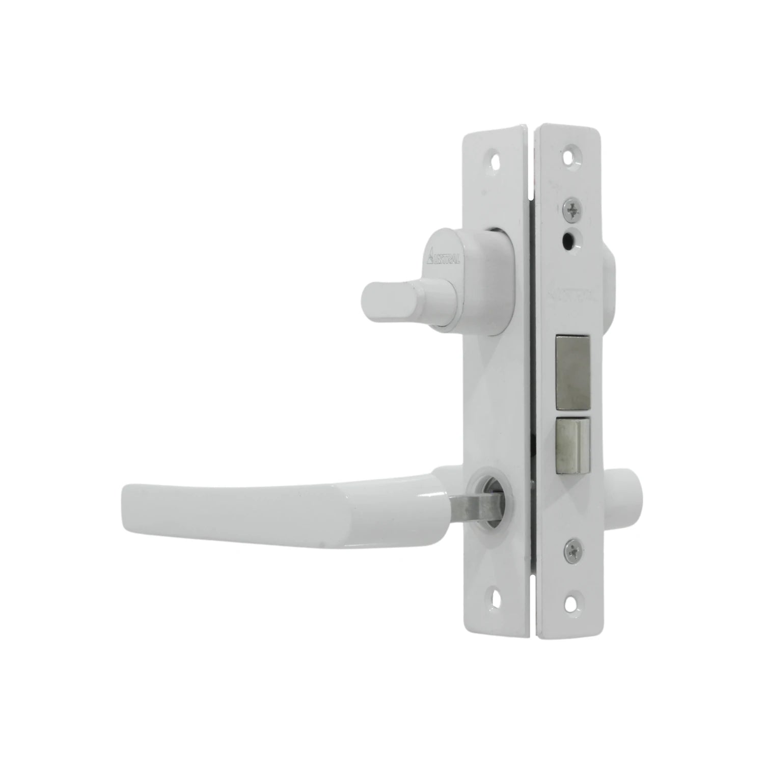Cerradura Austral blanca para puertas de aluminio, con manija palanca, picaporte y seguro de perilla