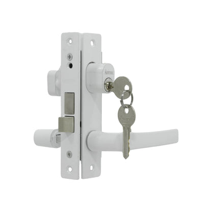 Cerradura Austral blanca para puerta de aluminio con manija, cilindro y dos llaves metálicas