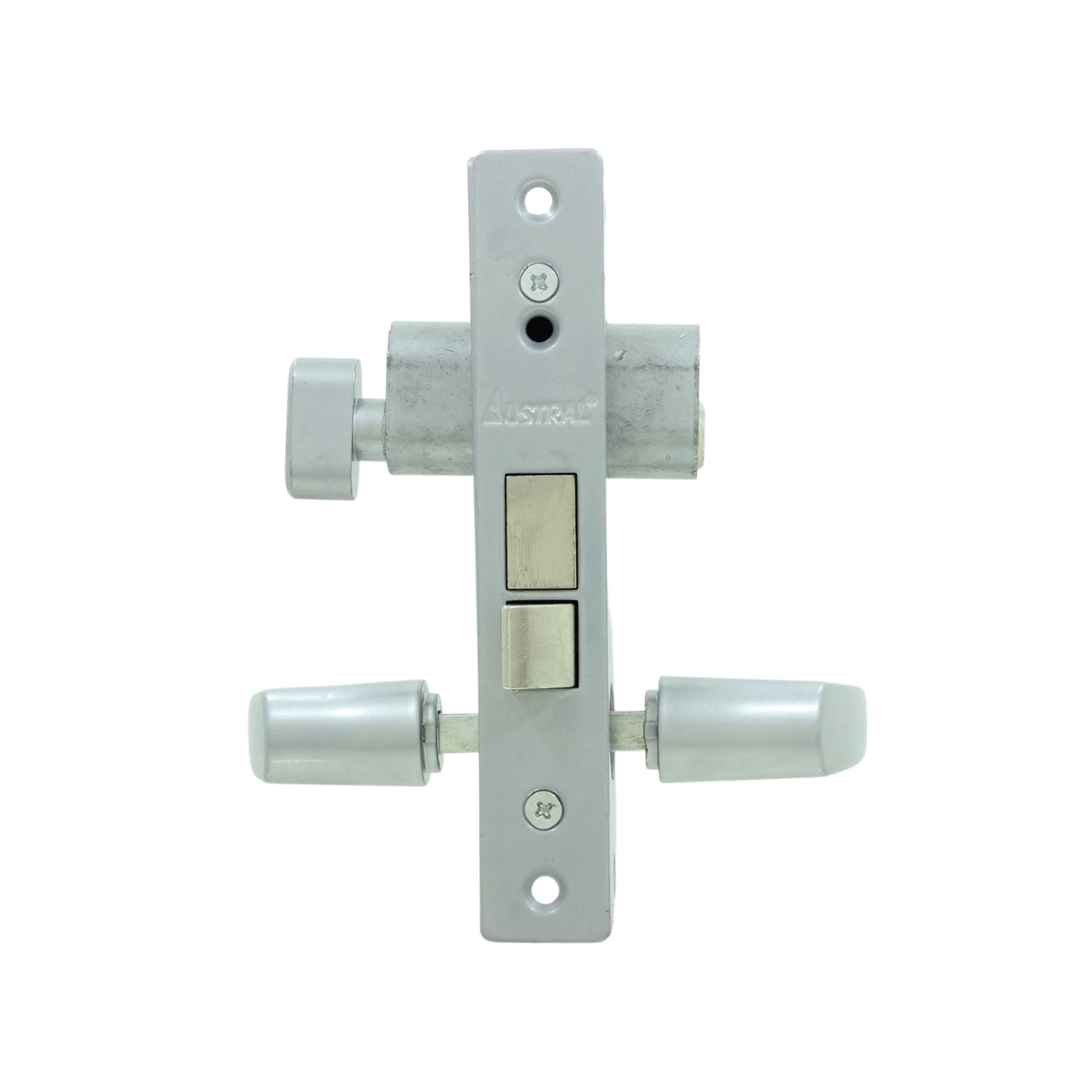 Cerradura de pestillo doble Austral para puerta de aluminio, acabado cromo satinado.