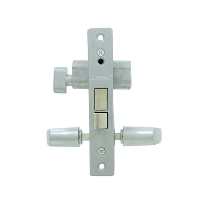 Cerradura de pestillo doble Austral para puerta de aluminio, acabado cromo satinado.