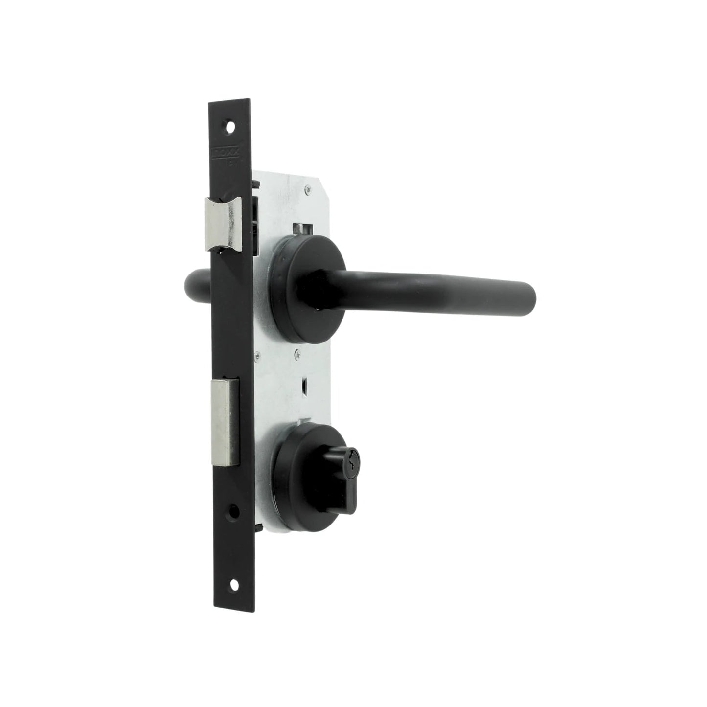 Cerradura de puerta de palanca ROXX negro mate, mecanismo de embutir con pestillo y cerrojo.