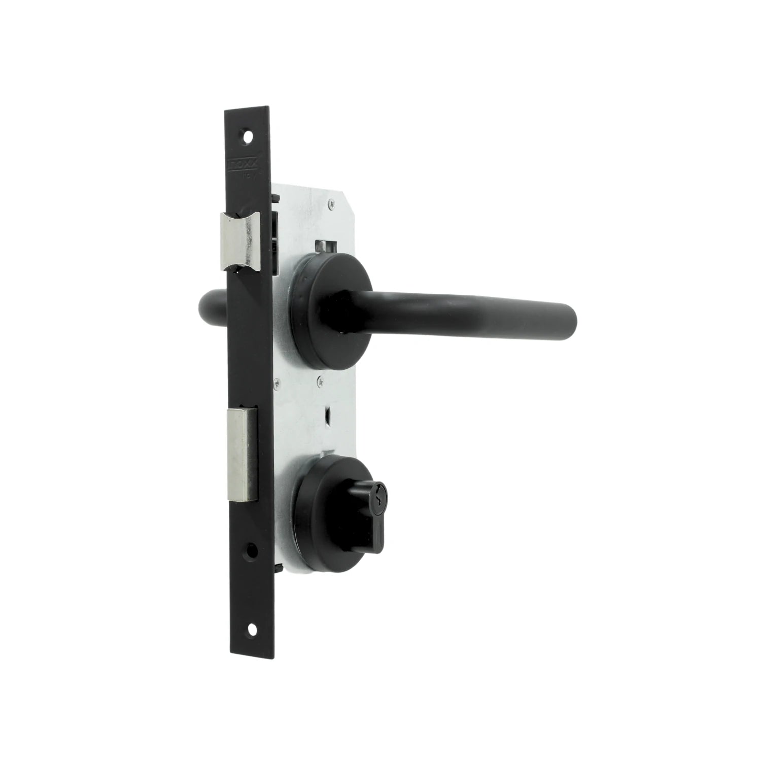 Cerradura de puerta de palanca ROXX negro mate, mecanismo de embutir con pestillo y cerrojo.