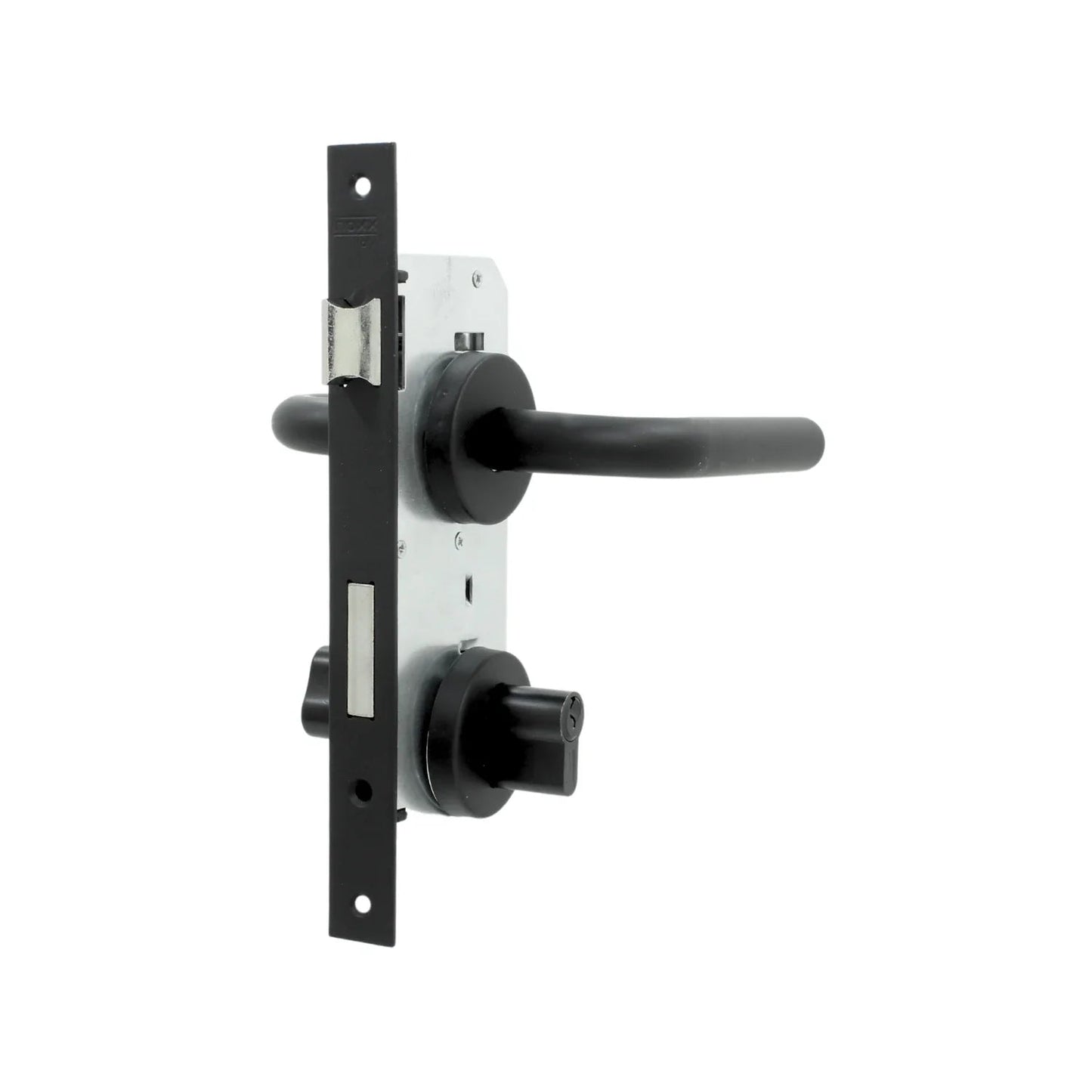 Cerradura de palanca negra DOXX para puerta interior con mecanismo de mortaja, pestillo y seguro de privacidad