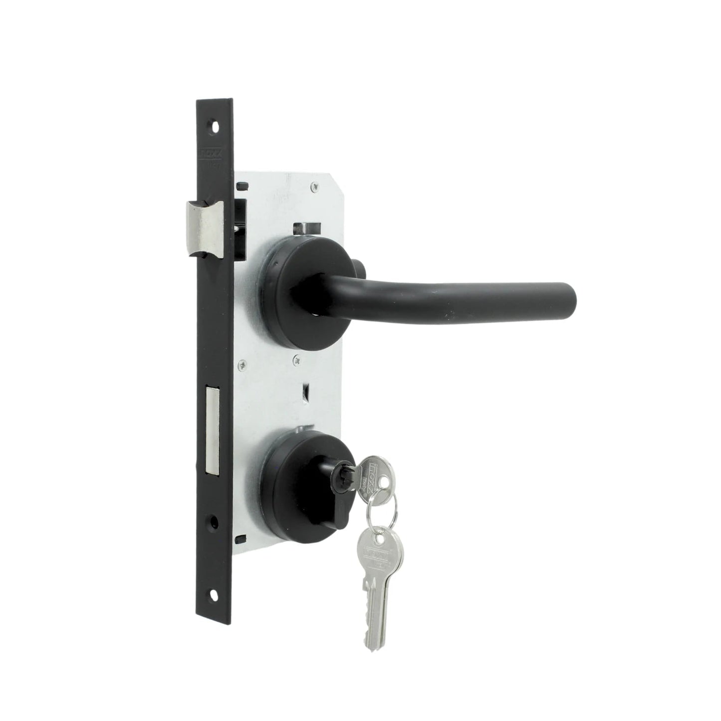 Chapa de palanca Inoxx negra para puerta de recámara, con cerradura de cilindro y llaves. Mecanismo de seguridad.