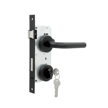 Chapa de palanca Inoxx negra para puerta de recámara, con cerradura de cilindro y llaves. Mecanismo de seguridad.