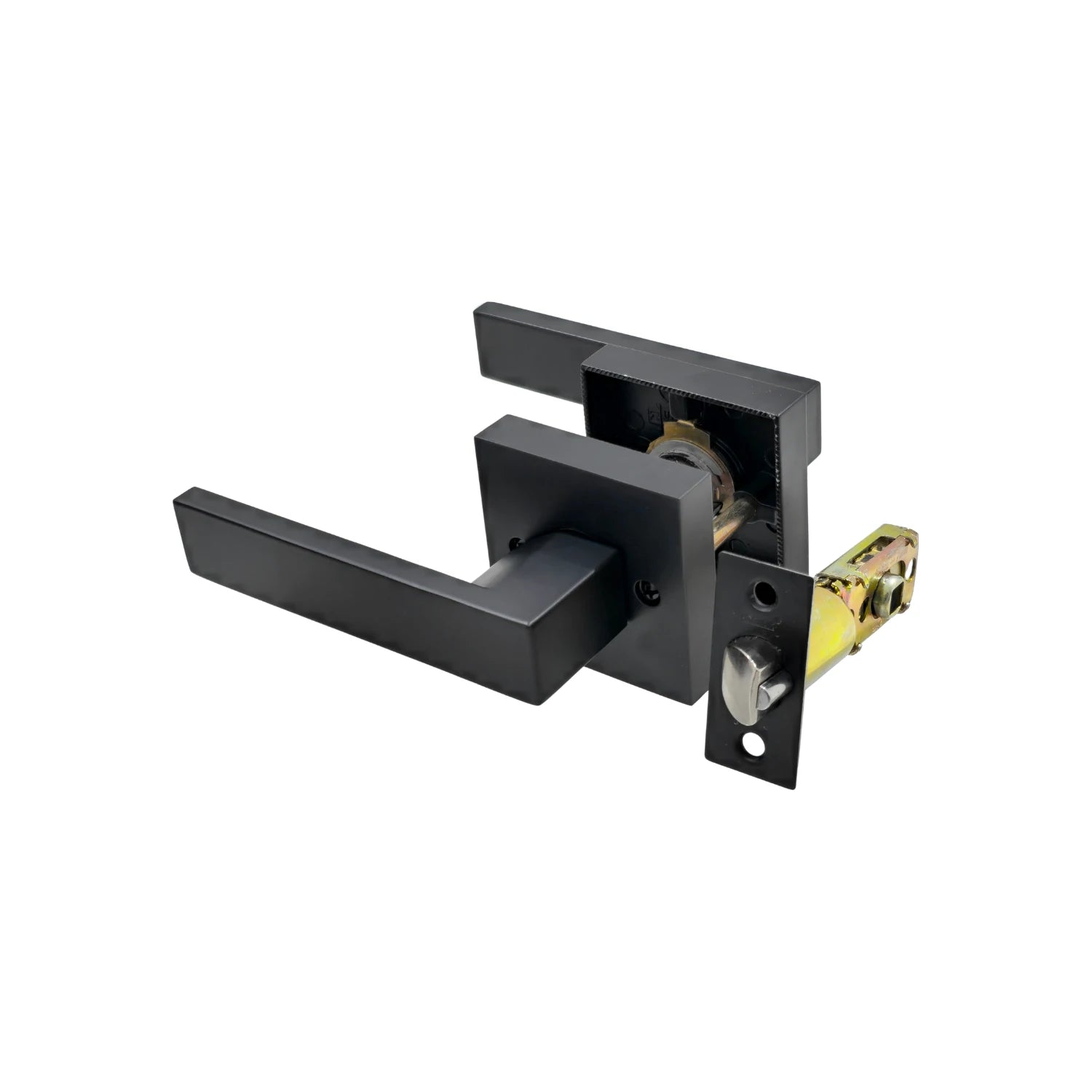 Cerradura de palanca moderna para puerta de recámara, acabado negro mate, con mecanismo de pestillo