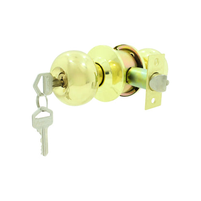 Cerradura de pomo esférico dorada Austral con llaves, mecanismo expuesto para instalación en puertas de recámara.