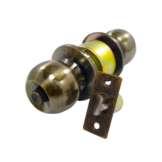 Cerradura esférica Austral para recámara, acabado cobre envejecido con mecanismo de pestillo