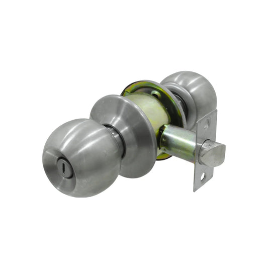 Cerradura de puerta con pomo esfera de acero inoxidable, acabado satinado y entrada para llave