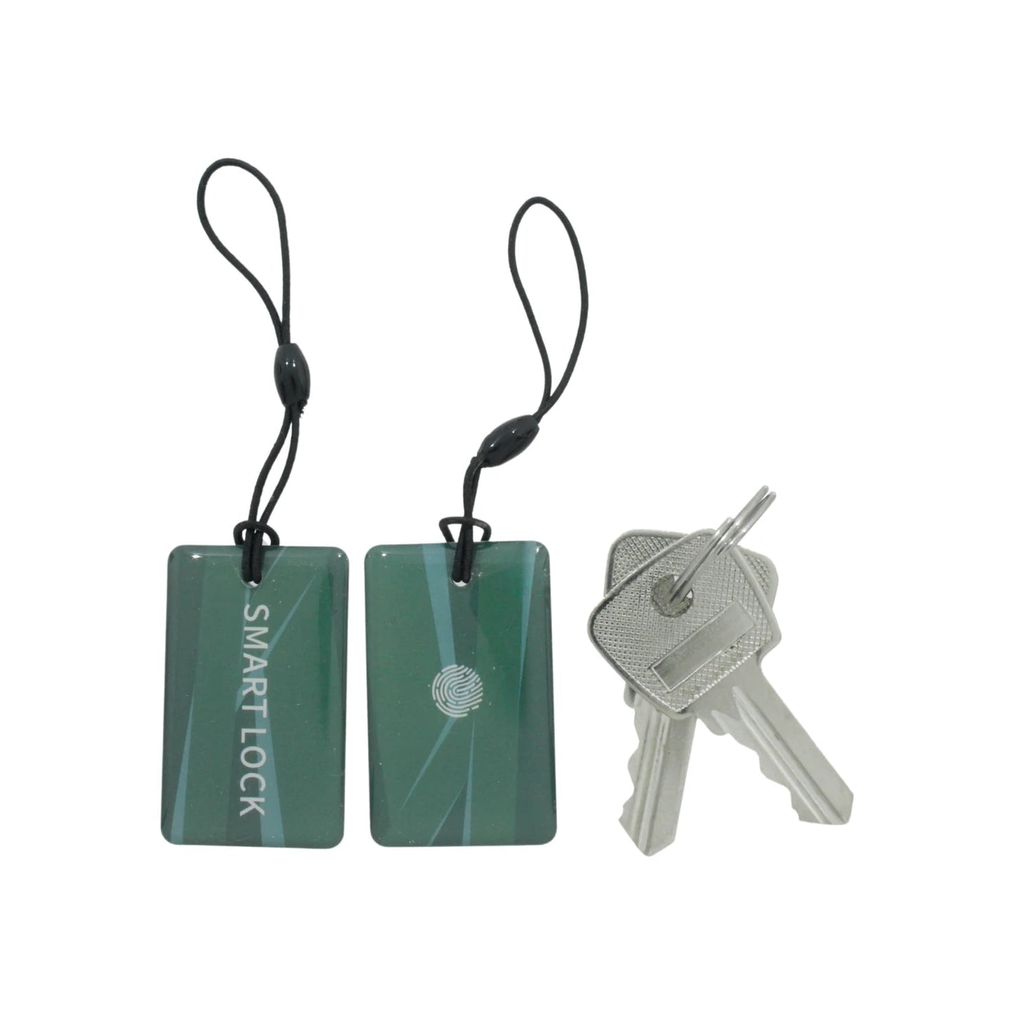 Llaveros inteligentes RFID verdes con sensor de huella y llaves metálicas de respaldo para cerradura principal.