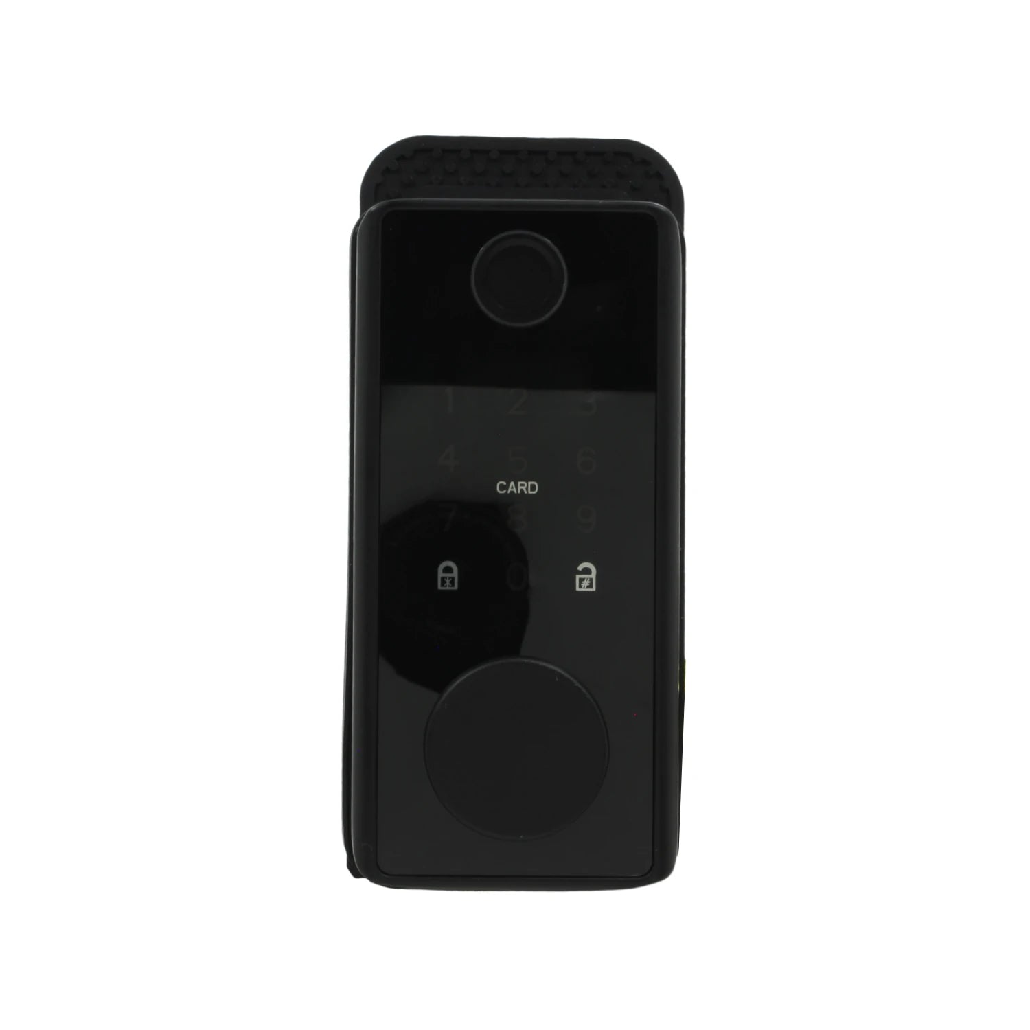 Cerradura inteligente digital negra para entrada principal con teclado táctil, sensor huella y lector de tarjetas.