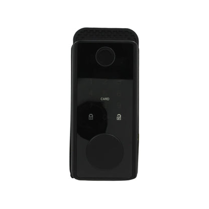 Cerradura inteligente digital negra para entrada principal con teclado táctil, sensor huella y lector de tarjetas.