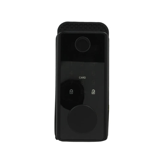 Cerradura inteligente digital negra para entrada principal con teclado táctil, sensor huella y lector de tarjetas.