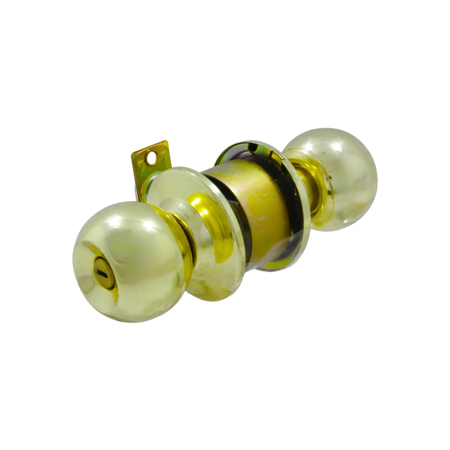 Chapa de pomo esférico dorado brillante con cilindro de seguridad para puertas.