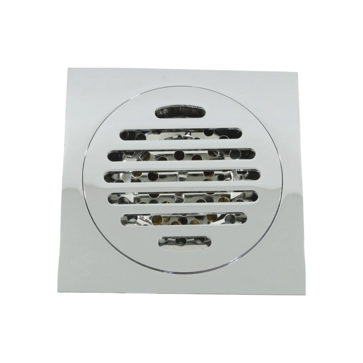 Coladera de piso cuadrada cromada con rejilla redonda, desagüe anti-cucarachas para baño o regadera.