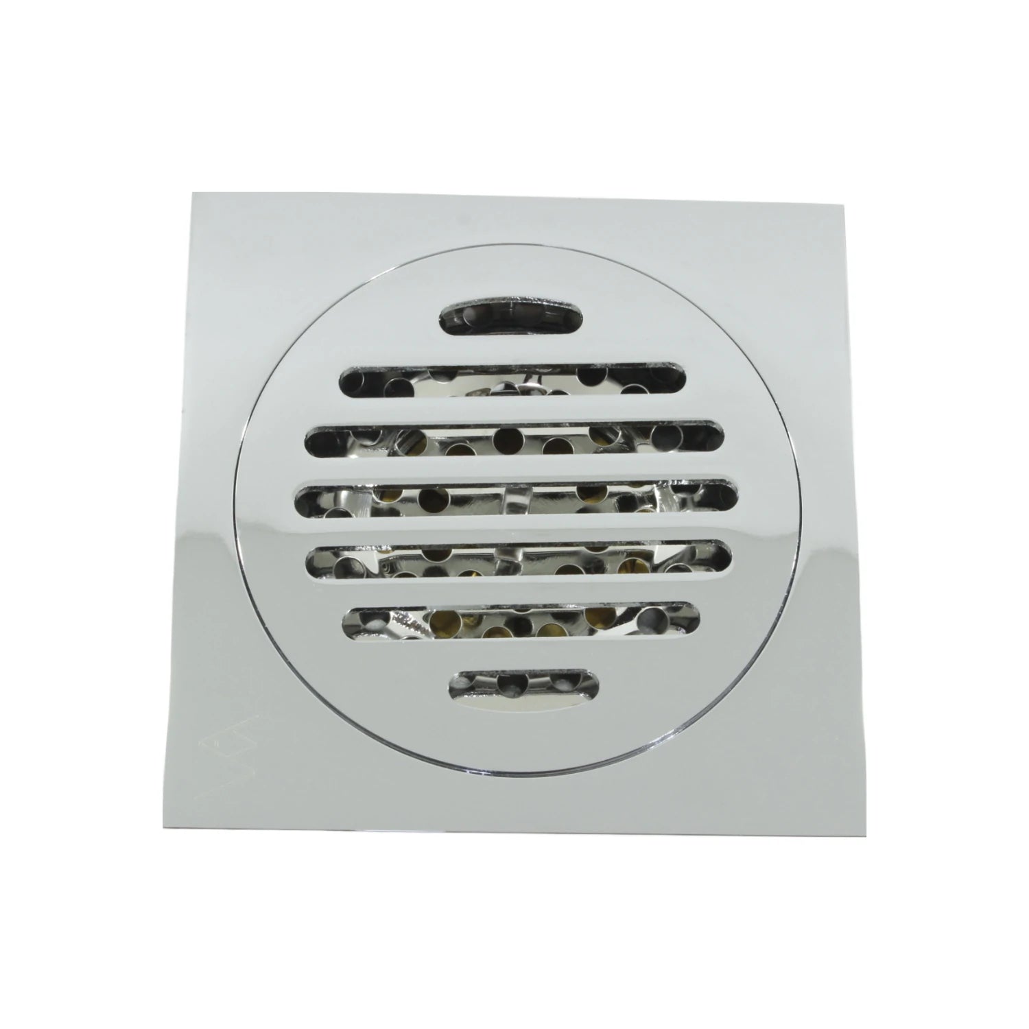 Coladera de piso cuadrada cromada con rejilla redonda, desagüe anti-cucarachas para baño o regadera.