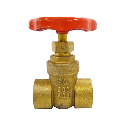 Llave de paso de compuerta 3/4" de latón, roscada, con mango rojo. Presión 200 WOG para agua, aceite, gas.