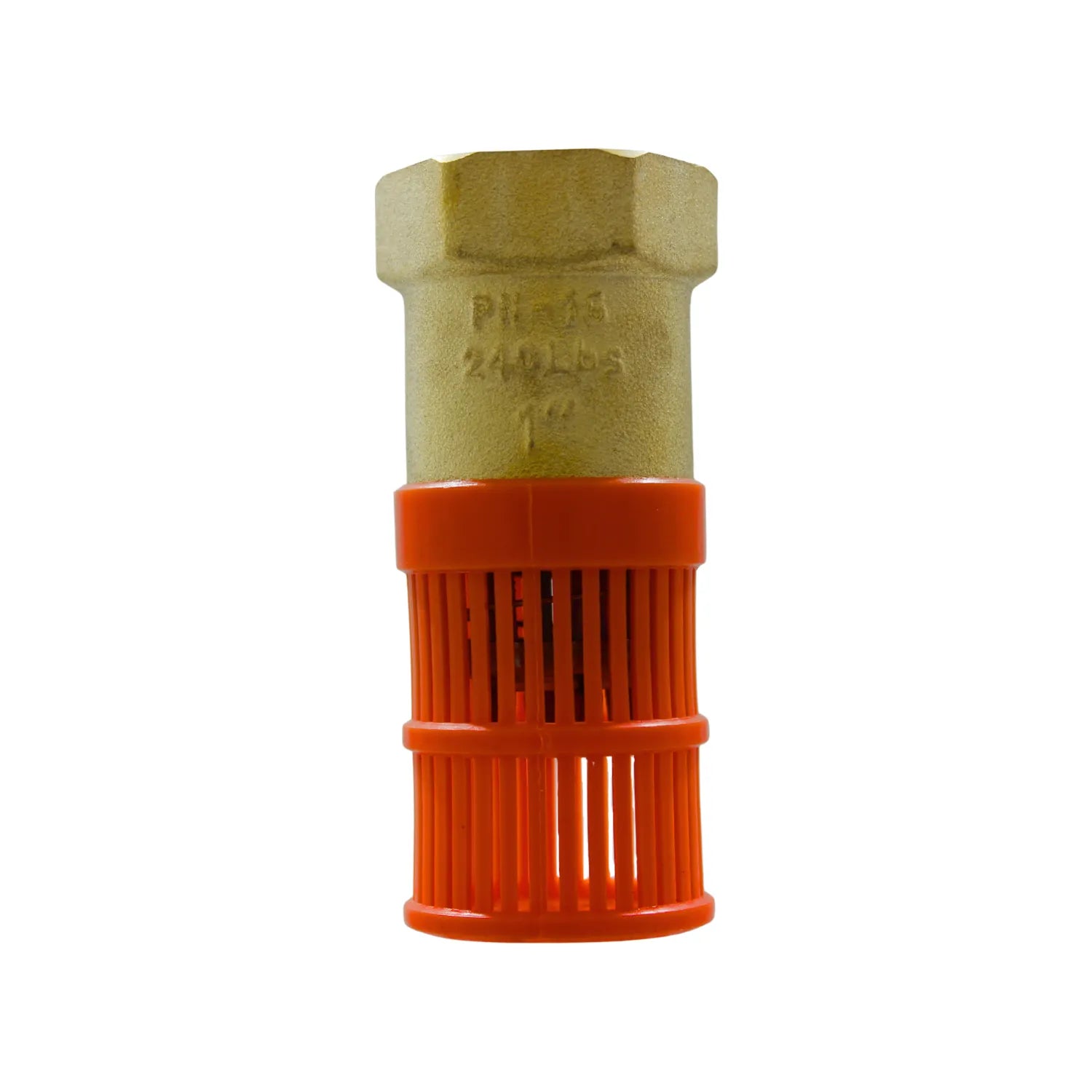 Válvula pichancha de bronce de 1 pulgada con canastilla plástica naranja para succión de agua y filtrado de residuos