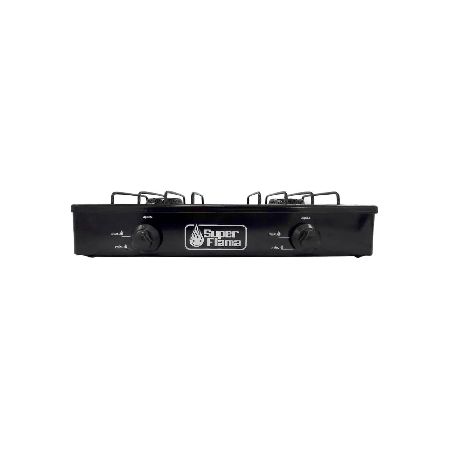 Estufa de gas Super Flama negra de 2 quemadores con perillas de control, ideal para cocina portátil o camping.