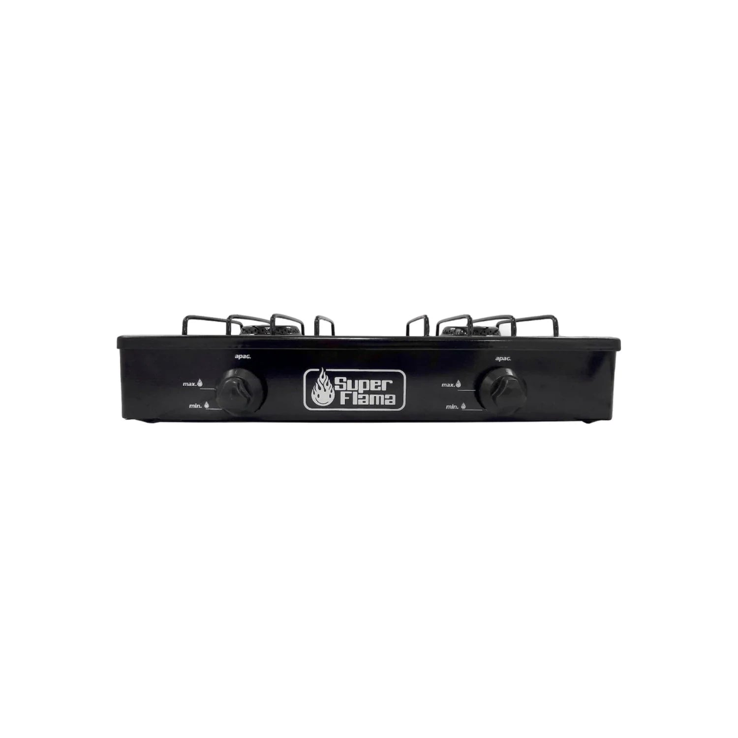 Estufa de gas Super Flama negra de 2 quemadores con perillas de control, ideal para cocina portátil o camping.