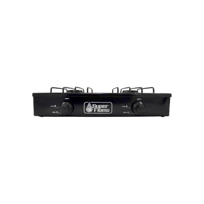 Estufa de gas Super Flama negra de 2 quemadores con perillas de control, ideal para cocina portátil o camping.