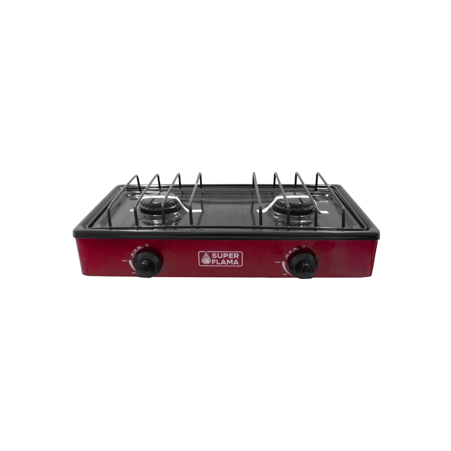Parrilla de gas portátil de 2 quemadores roja Super Flama con rejilla superior negra y perillas de control