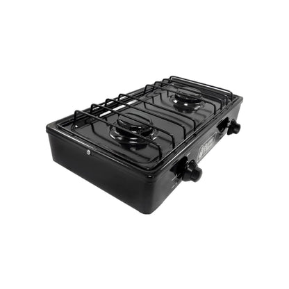Estufa Super Flama portátil de 2 quemadores de gas negra para camping y cocina exterior.