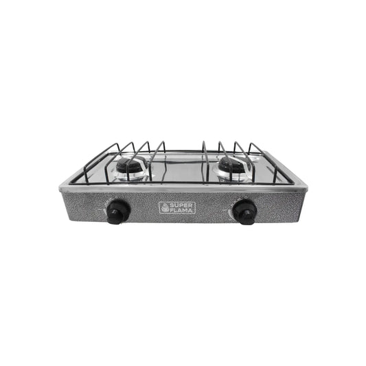 Parrilla de gas portátil de 2 quemadores Super Flama con cubierta de acero inoxidable y acabado gris texturizado