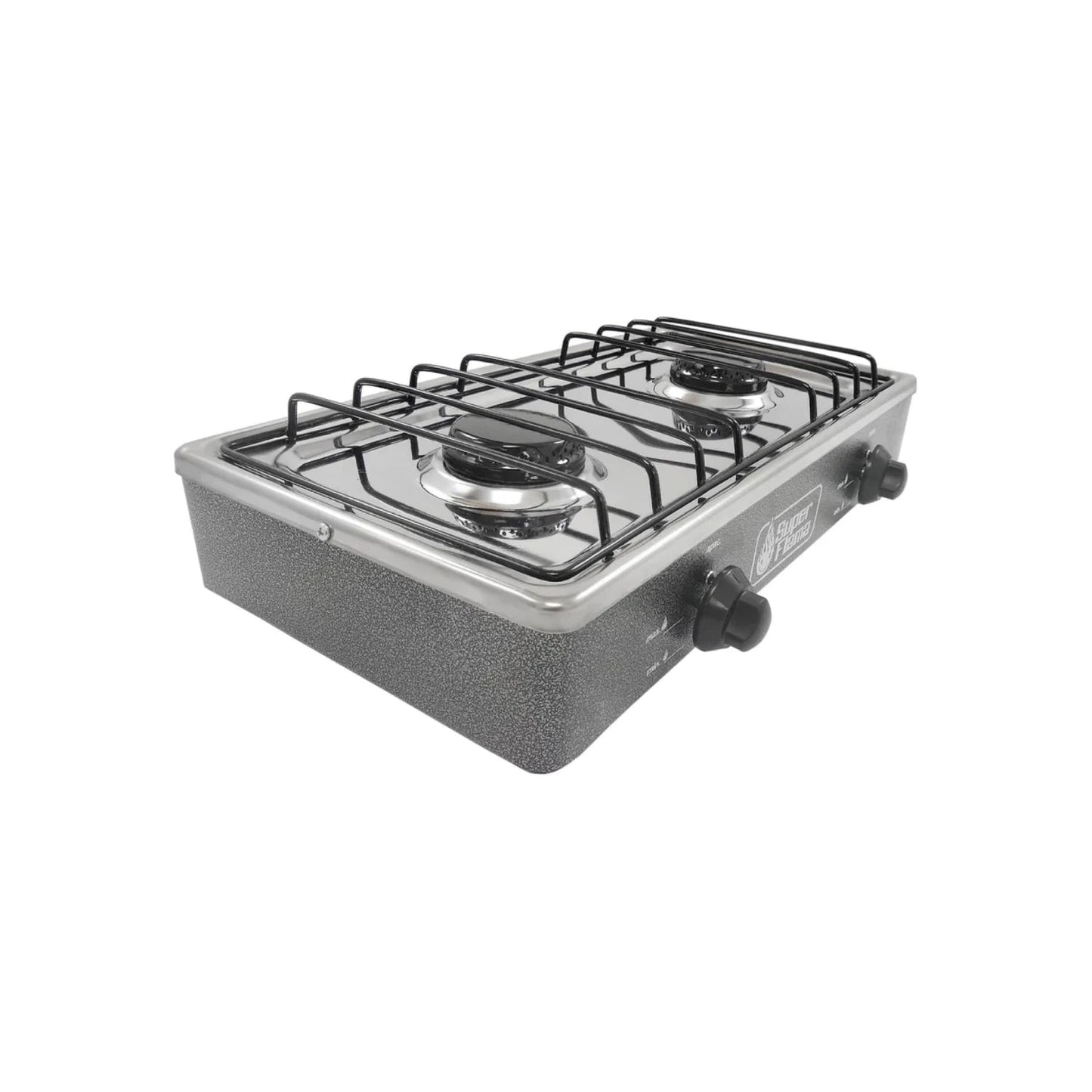 Estufa de gas Super Flama 2 quemadores, cubierta de acero inoxidable y cuerpo gris, ideal para cocina portátil.