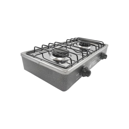 Estufa de gas Super Flama 2 quemadores, cubierta de acero inoxidable y cuerpo gris, ideal para cocina portátil.