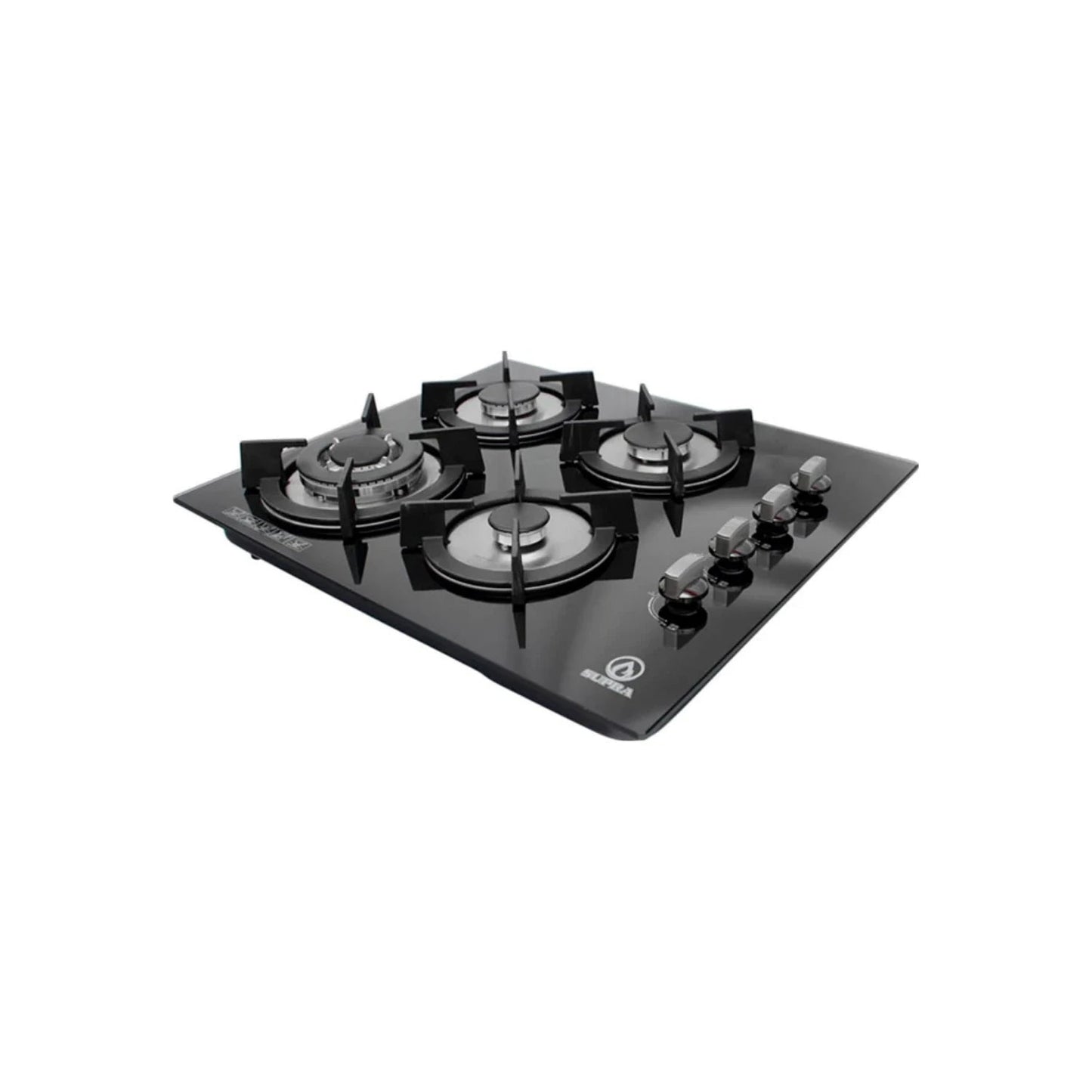 Estufa de gas empotrable Supra con 4 quemadores de alta eficiencia y cubierta de cristal templado negro.