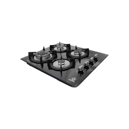 Estufa de gas empotrable Supra con 4 quemadores de alta eficiencia y cubierta de cristal templado negro.