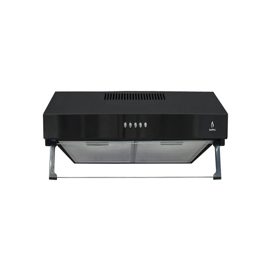 Campana extractora de cocina Supra negra con panel de 4 botones, doble filtro metálico y rejillas superiores.