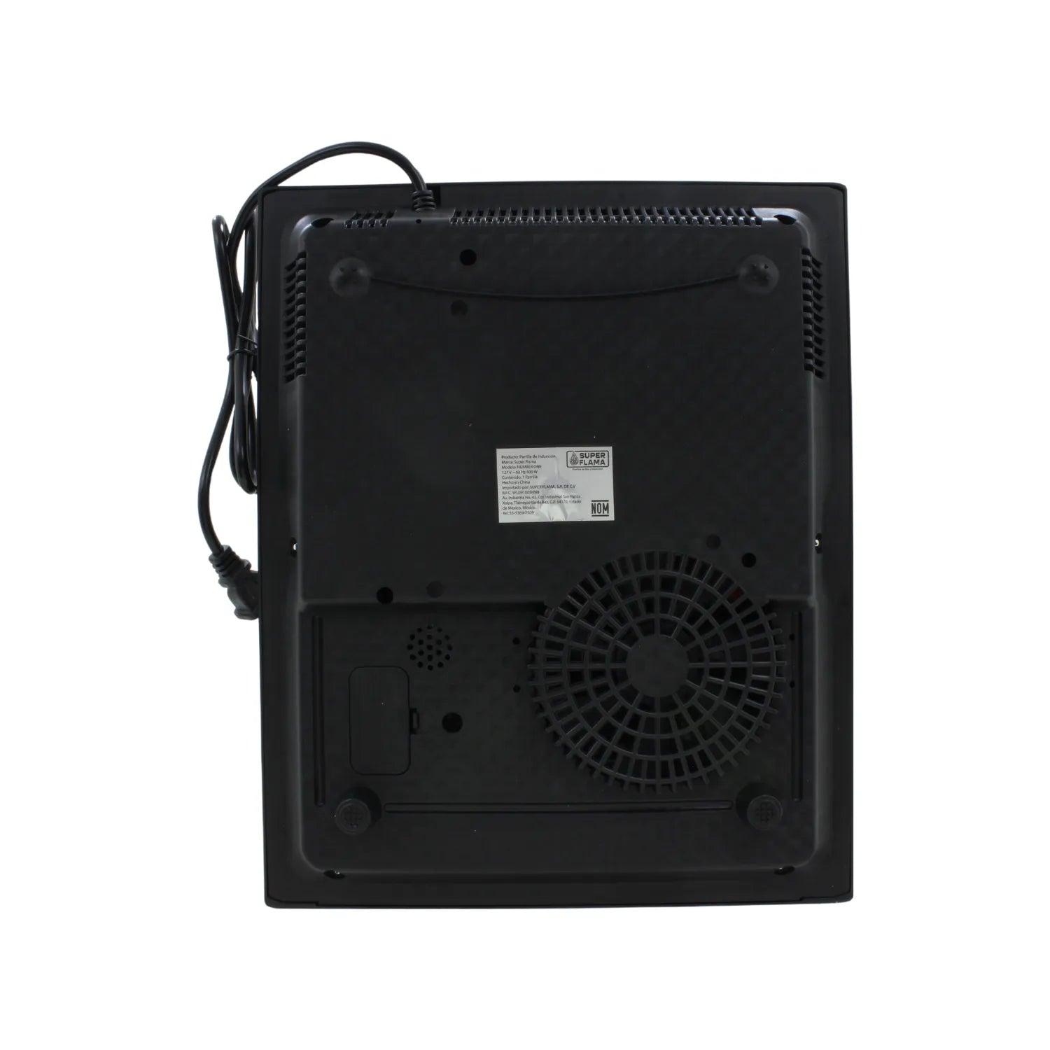 Parrilla de inducción eléctrica portátil Super Flama de 1 quemador, vista trasera negra con ventilador.