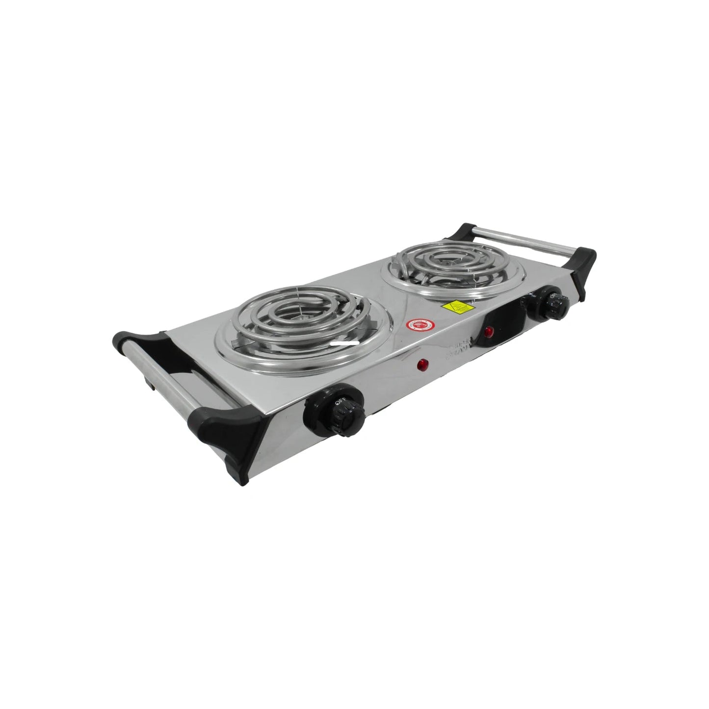 Parrilla eléctrica doble Supra plateada con 2 quemadores, portátil y controles de temperatura individuales.